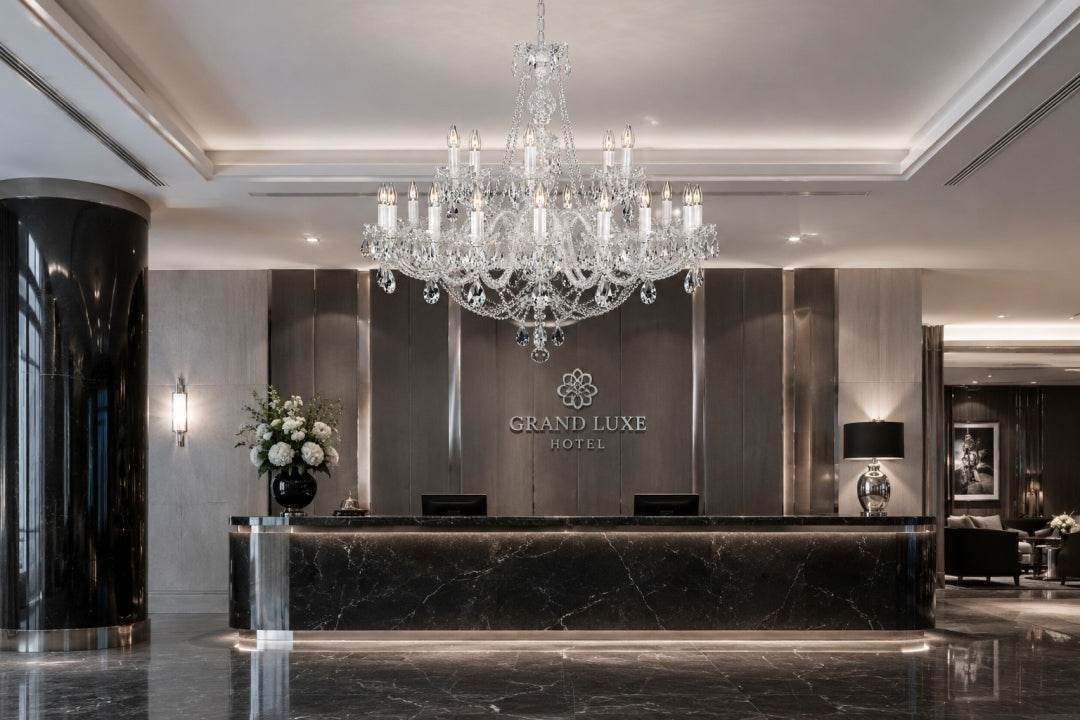 Mise en ambiance dans un hall d'hôtel, au-dessus d'un comptoir en marbre noir