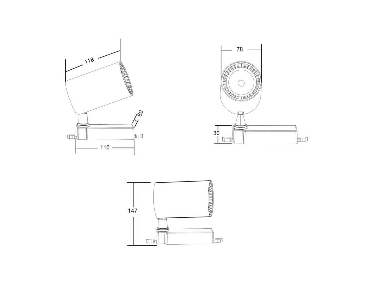 Schéma technique coté du spot : longueur 118 mm, diamètre 78 mm, hauteur 147 mm