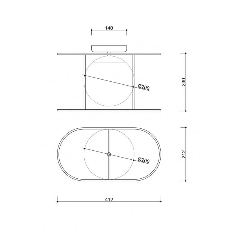 Schéma technique coté : diamètre 200 mm, largeur 412 mm et hauteur 230 mm