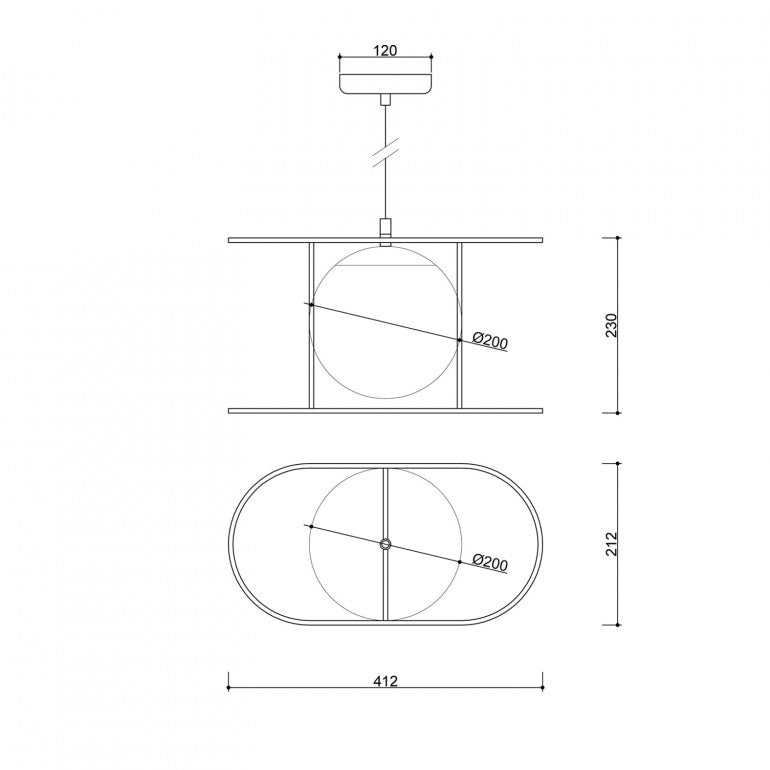 Schéma coté présentant les dimensions du luminaire et le diamètre de la sphère