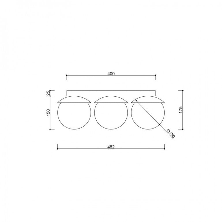 Schéma coté du plafonnier : largeur 400 mm, hauteur 175 mm, globes diamètre 130 mm