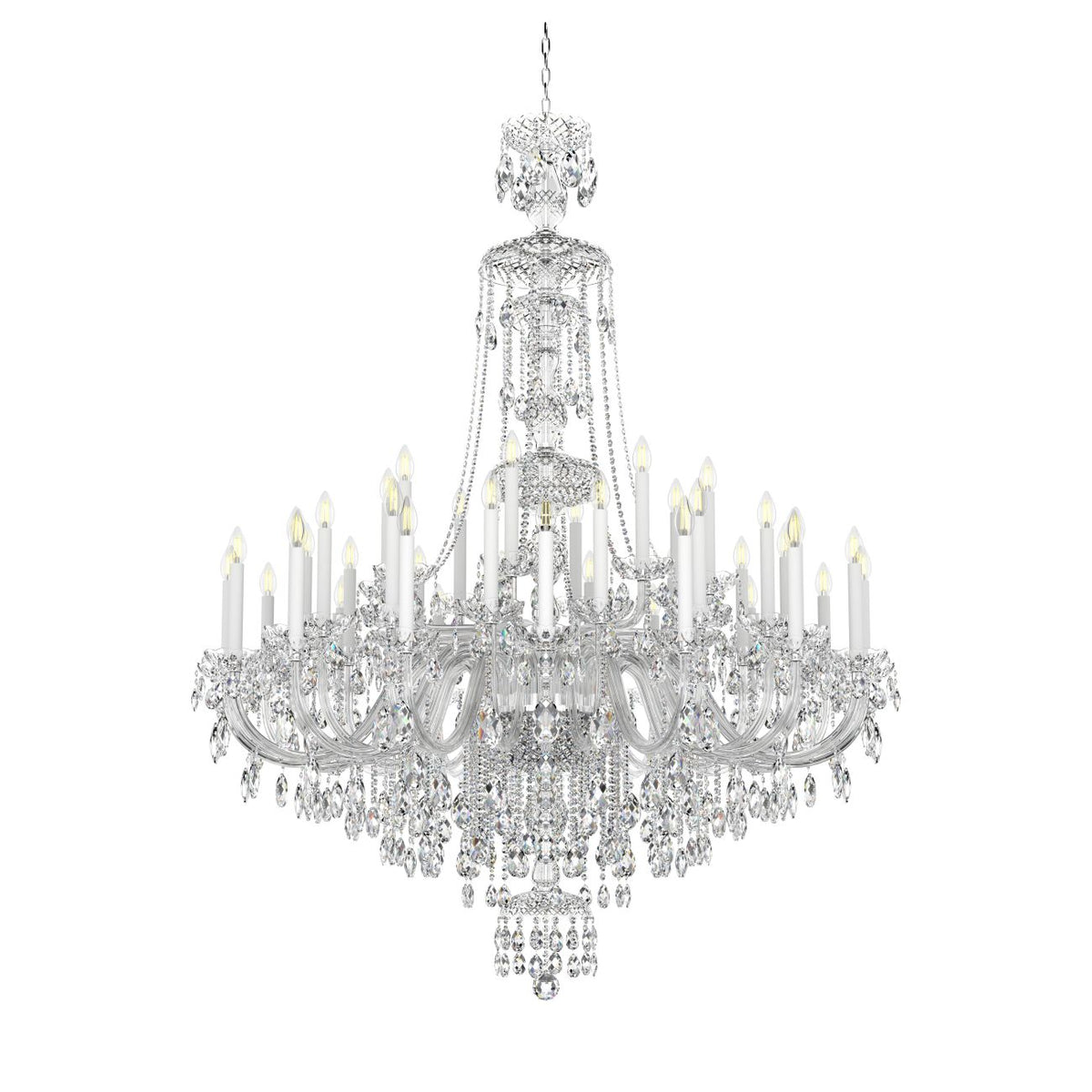 Vue d'ensemble du lustre présenté sur fond blanc, silhouette symétrique complète