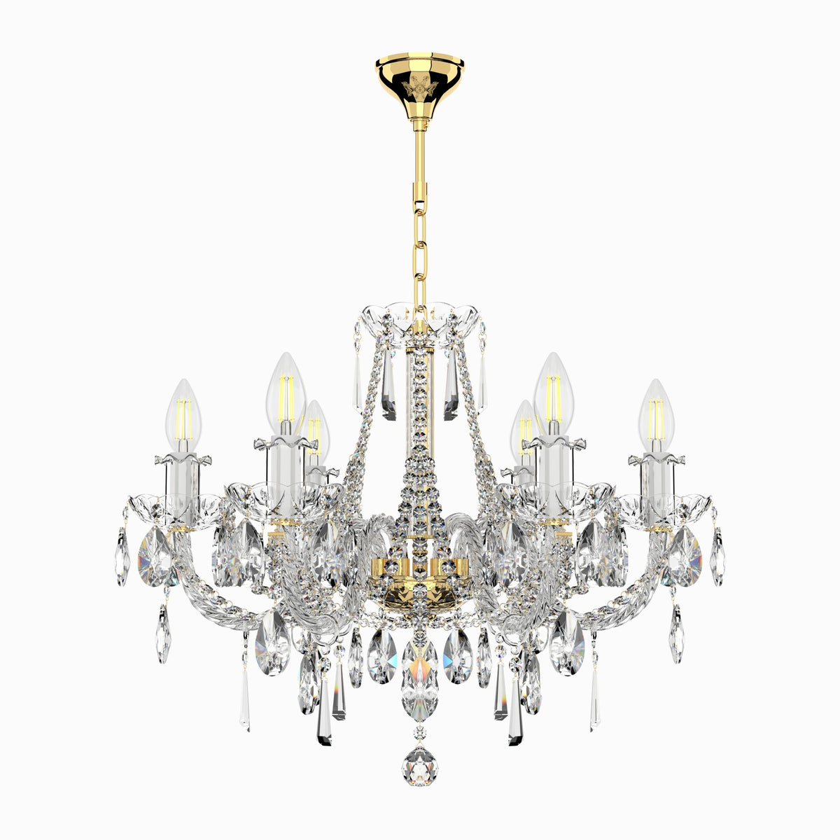 Lustre doré suspendu au plafond par sa chaîne, fond blanc, vue d'ensemble
