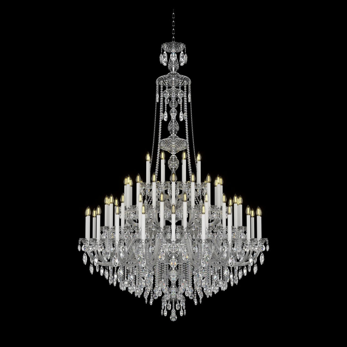 Lustre illuminé sur fond noir, silhouette complète et suspente centrale