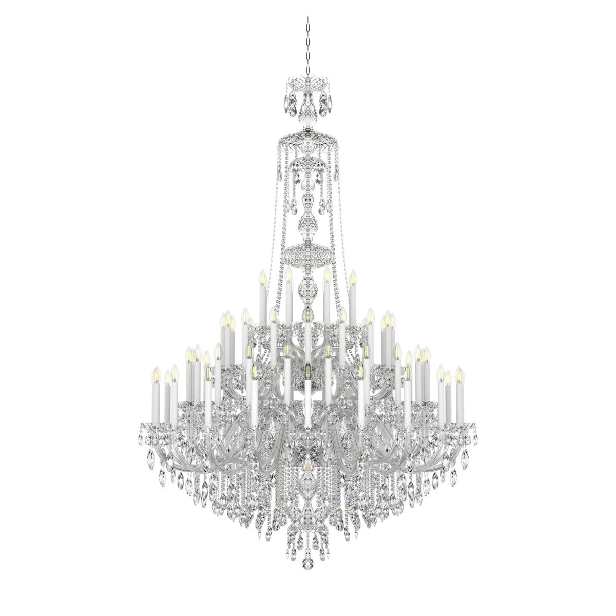 Vue de face sur fond blanc, luminaire allumé avec bougies et cristaux