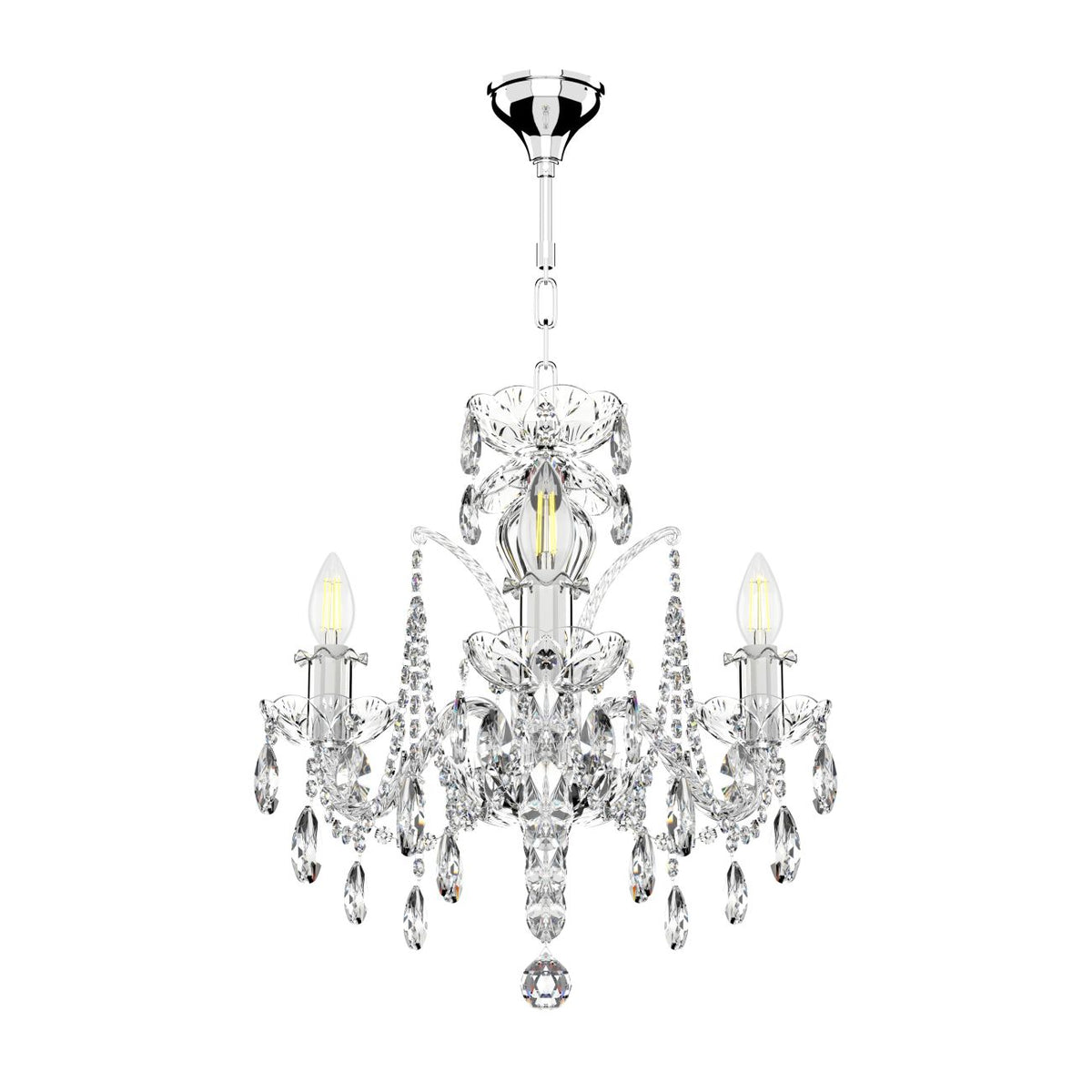 Lustre à finition chromée sur fond blanc, ampoules allumées et cristaux étincelants