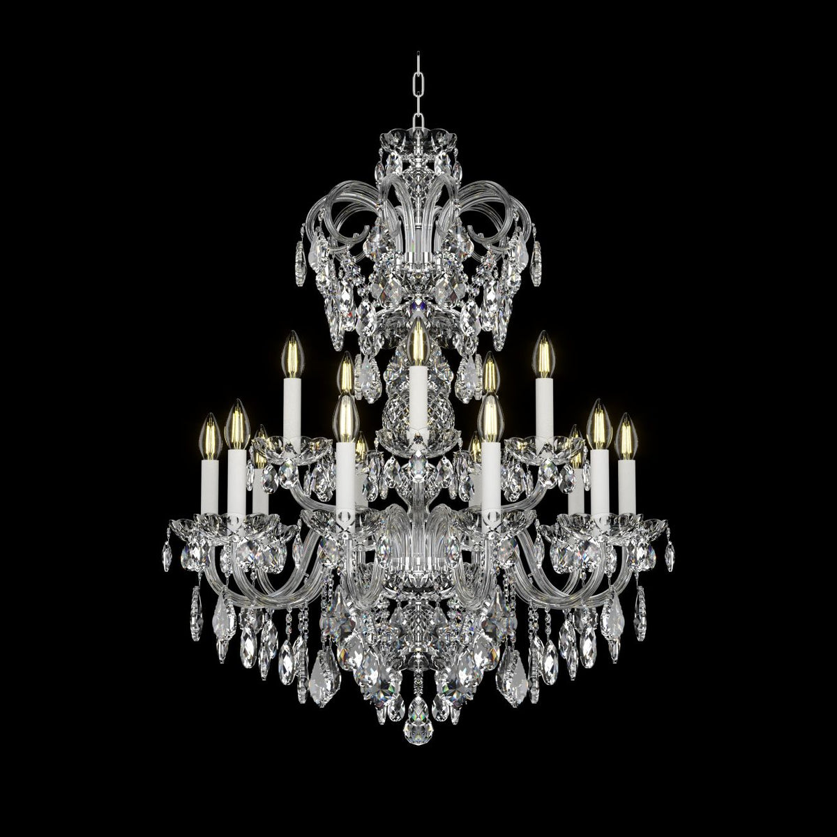 Lustre éteint de face sur fond noir, gouttes et pendeloques de cristal