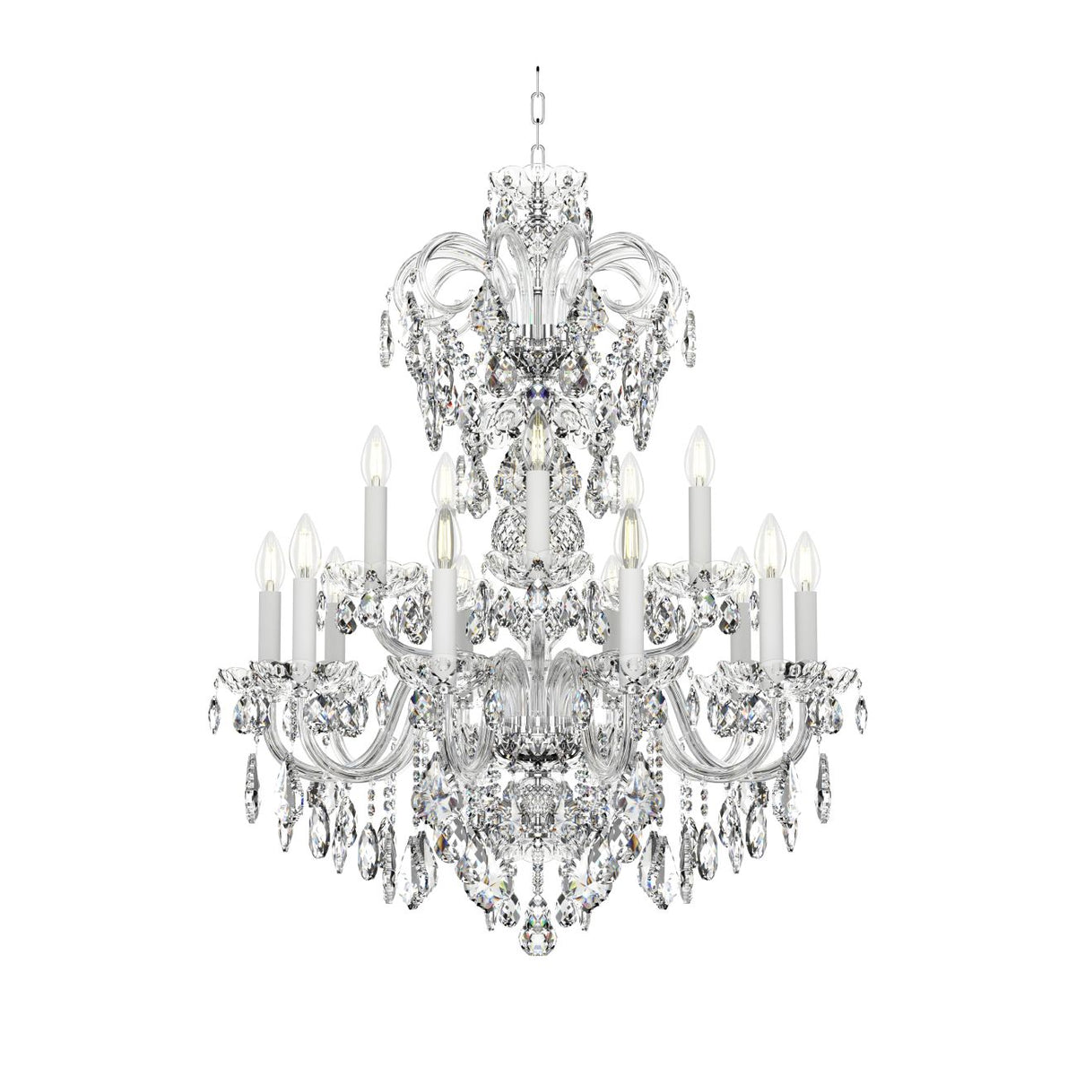 Vue de face sur fond blanc, lustre éteint, bras courbes et cristal