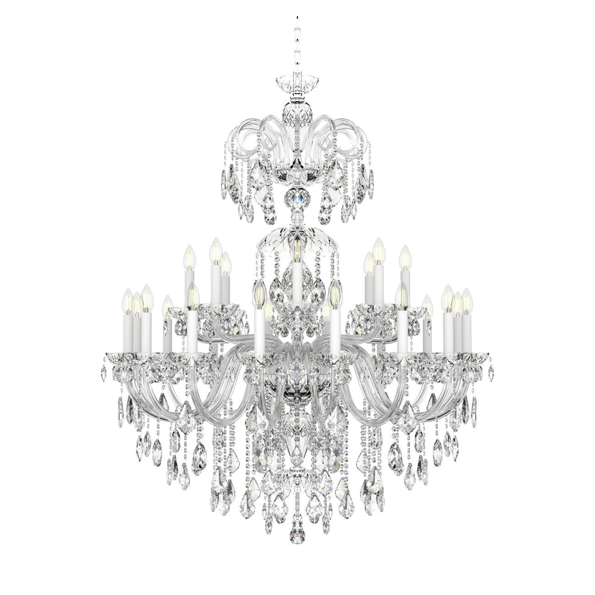 Vue de face du lustre en cristal sur fond blanc avec ses pendeloques