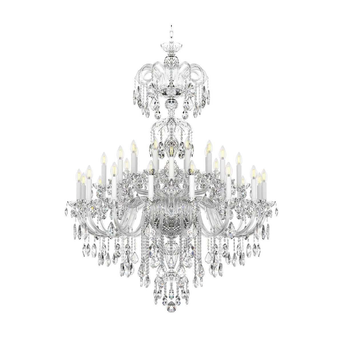 Vue de face du lustre cristal sur fond blanc, structure complète visible