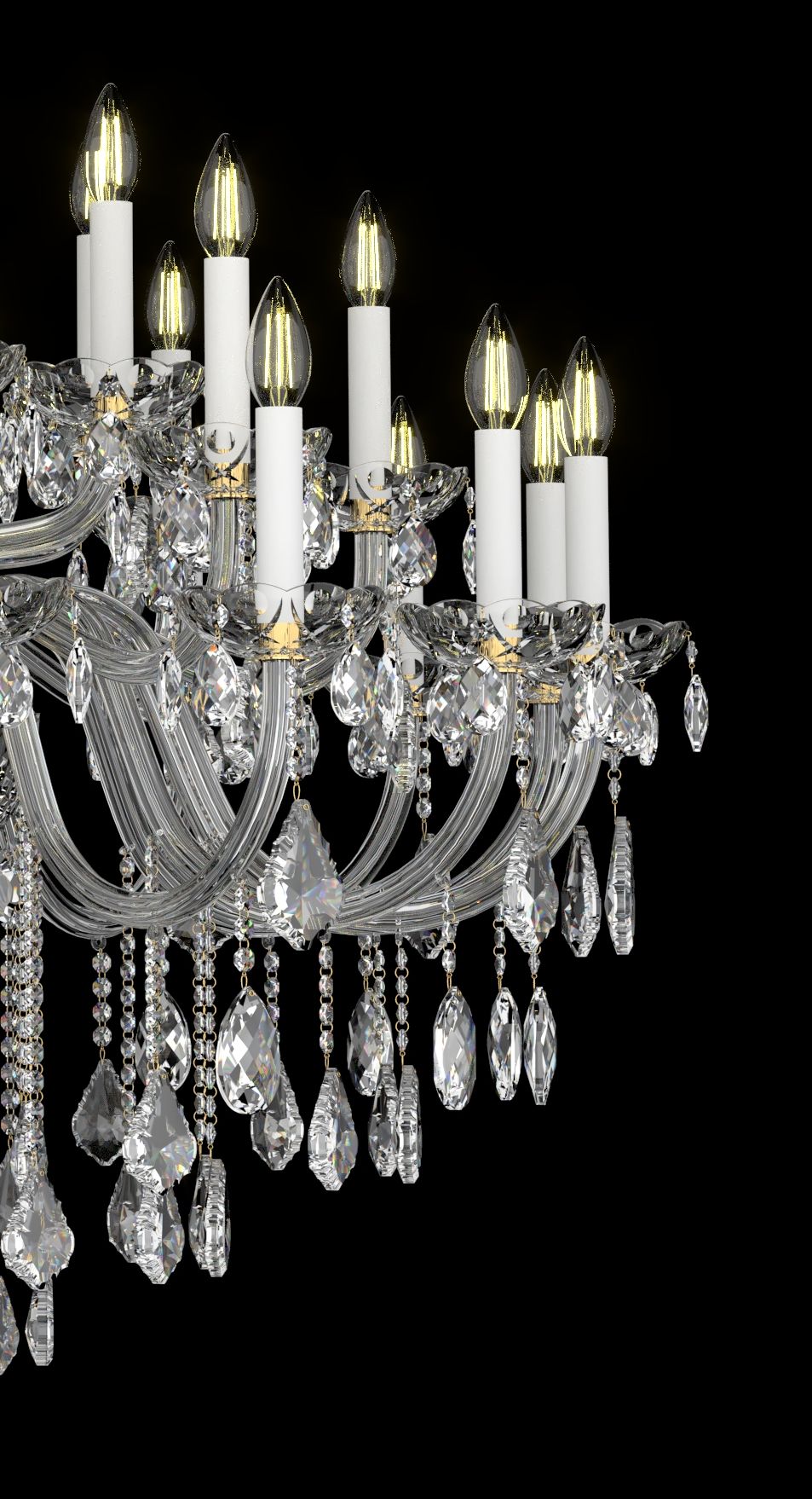 Détail rapproché des manchons blancs, ampoules flamme et gouttes de cristal