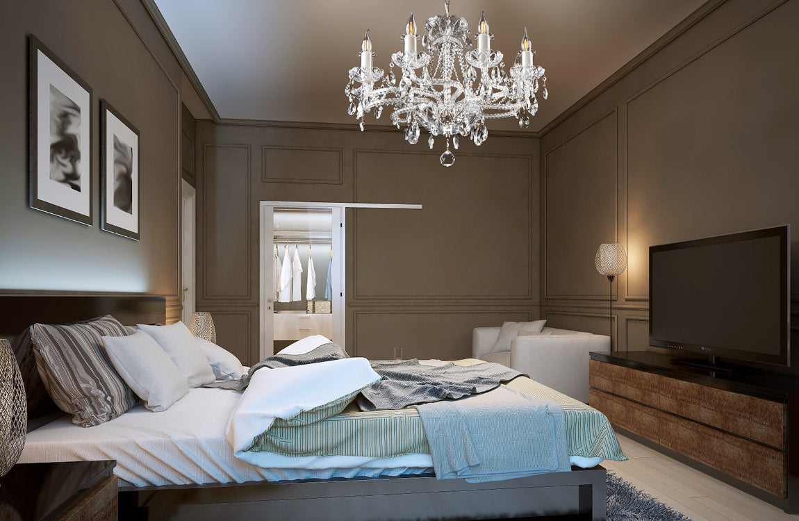 Mise en ambiance du lustre suspendu dans une chambre grise moderne avec lit et dressing