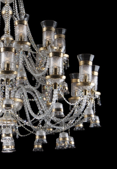 Gros plan sur les bras, coupelles et pampilles de cristal cerclées d'or