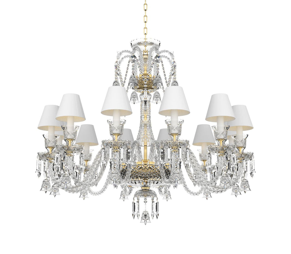 Lustre cristal et laiton doré présenté sur fond blanc, vue d'ensemble détaillée.