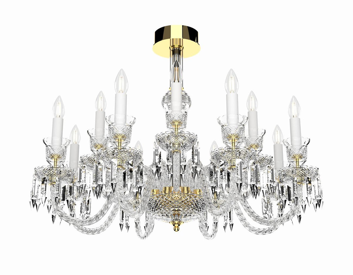 Même lustre sur fond blanc, bras recourbés en verre torsadé et pampilles