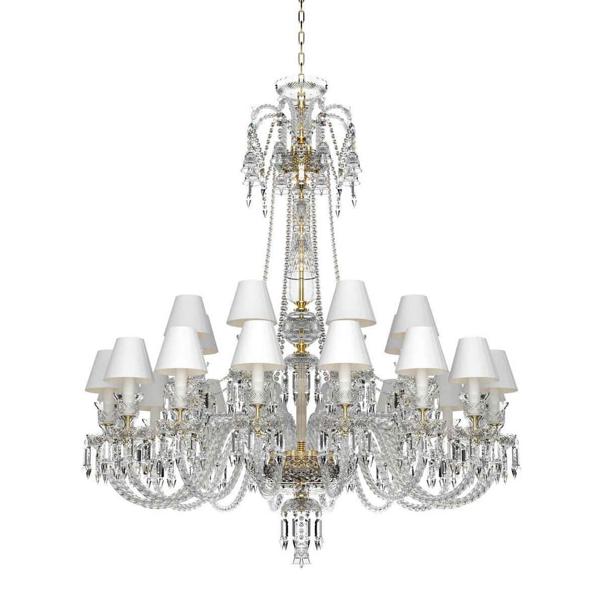Vue de face du même lustre en cristal sur fond blanc, mettant en valeur sa silhouette.
