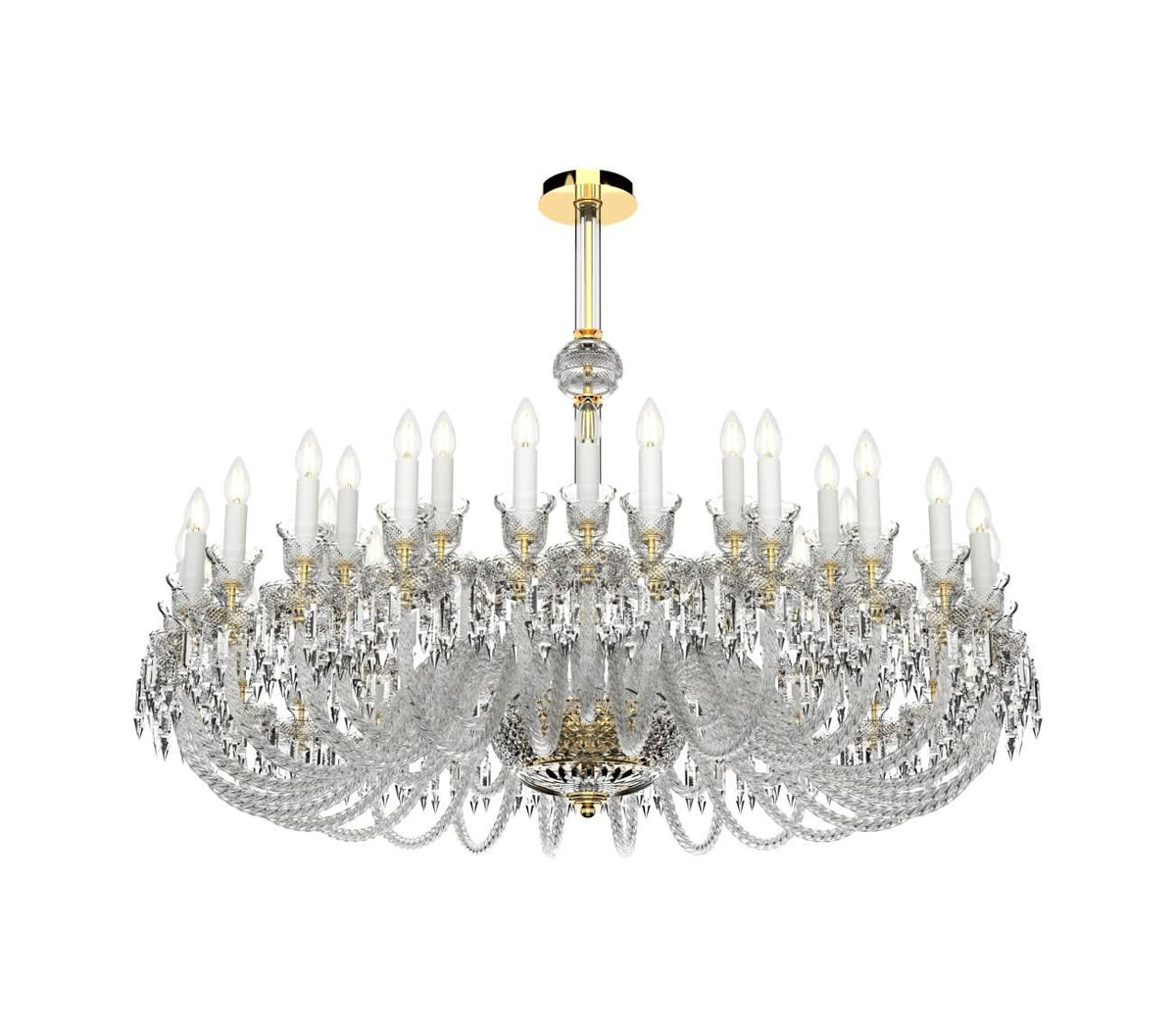 Lustre en cristal présenté sur fond blanc, structure dorée et pampilles taillées.