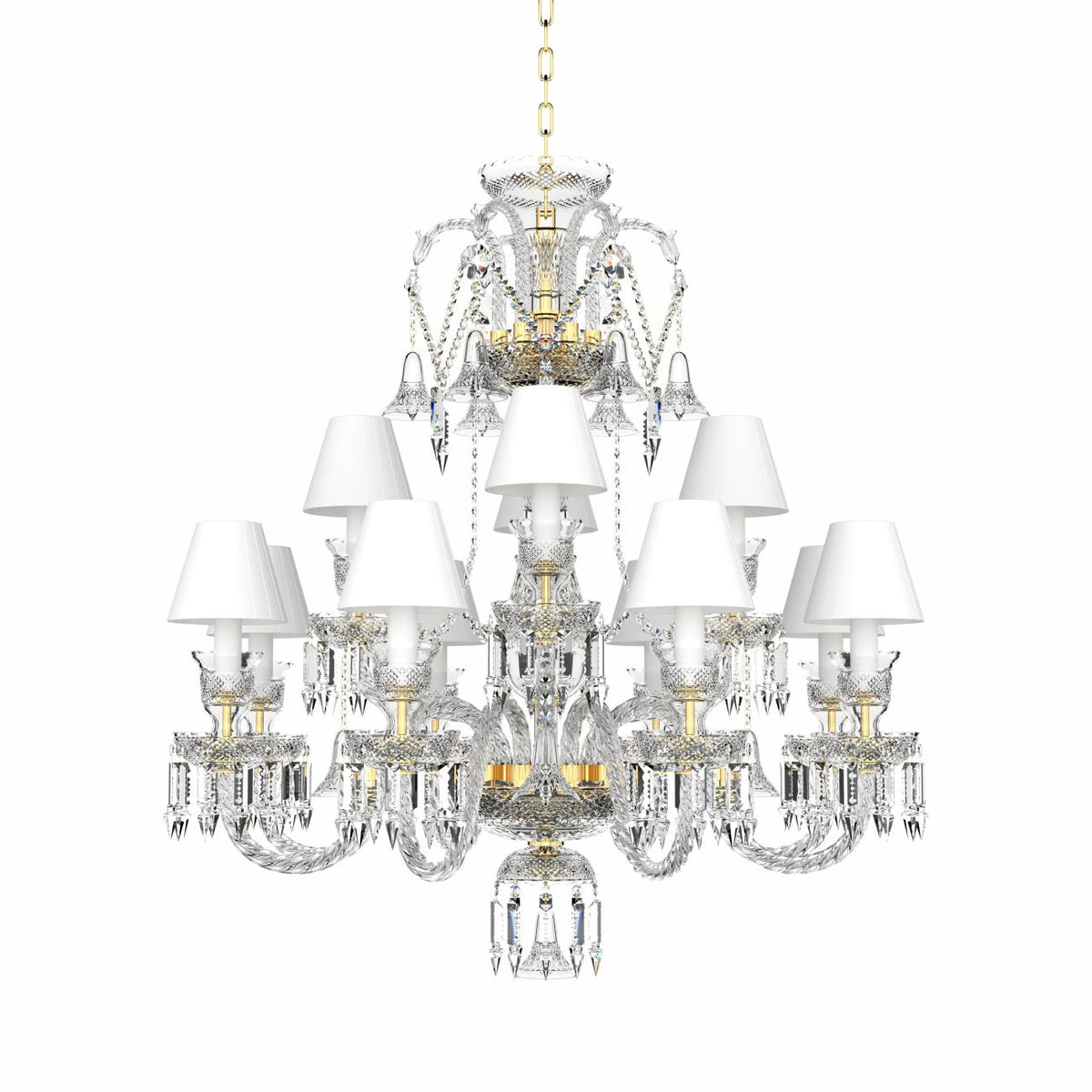 Vue de face du même lustre sur fond blanc, chaîne dorée visible