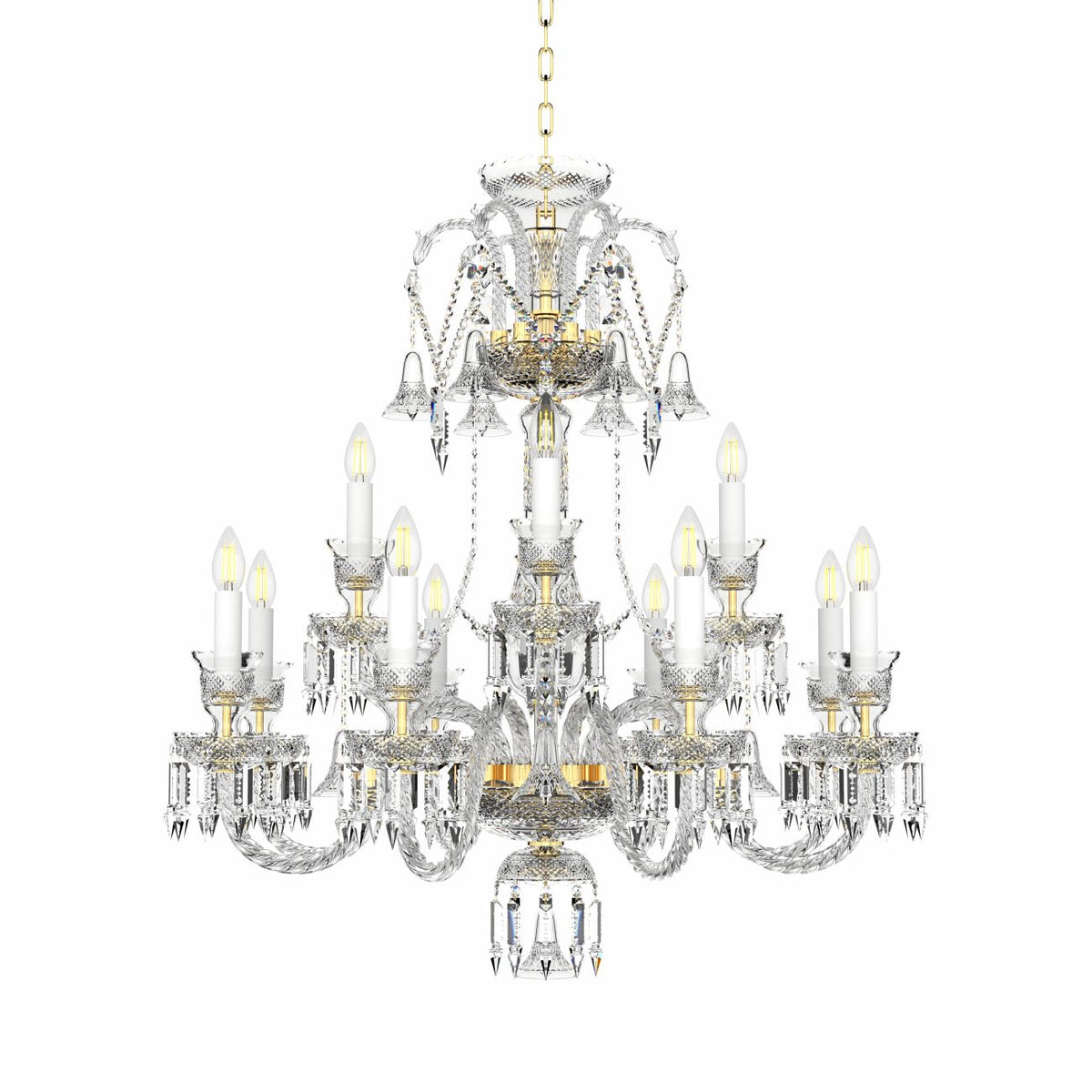 Lustre en cristal de face sur fond blanc, montrant sa structure complète.