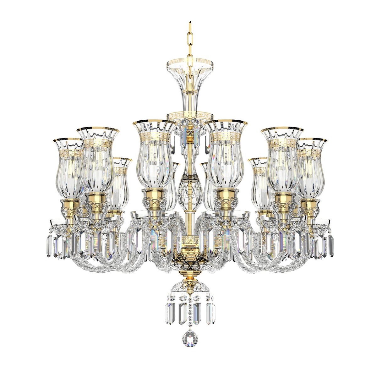 Lustre en cristal avec finitions dorées, présenté sur fond blanc pour le catalogue.