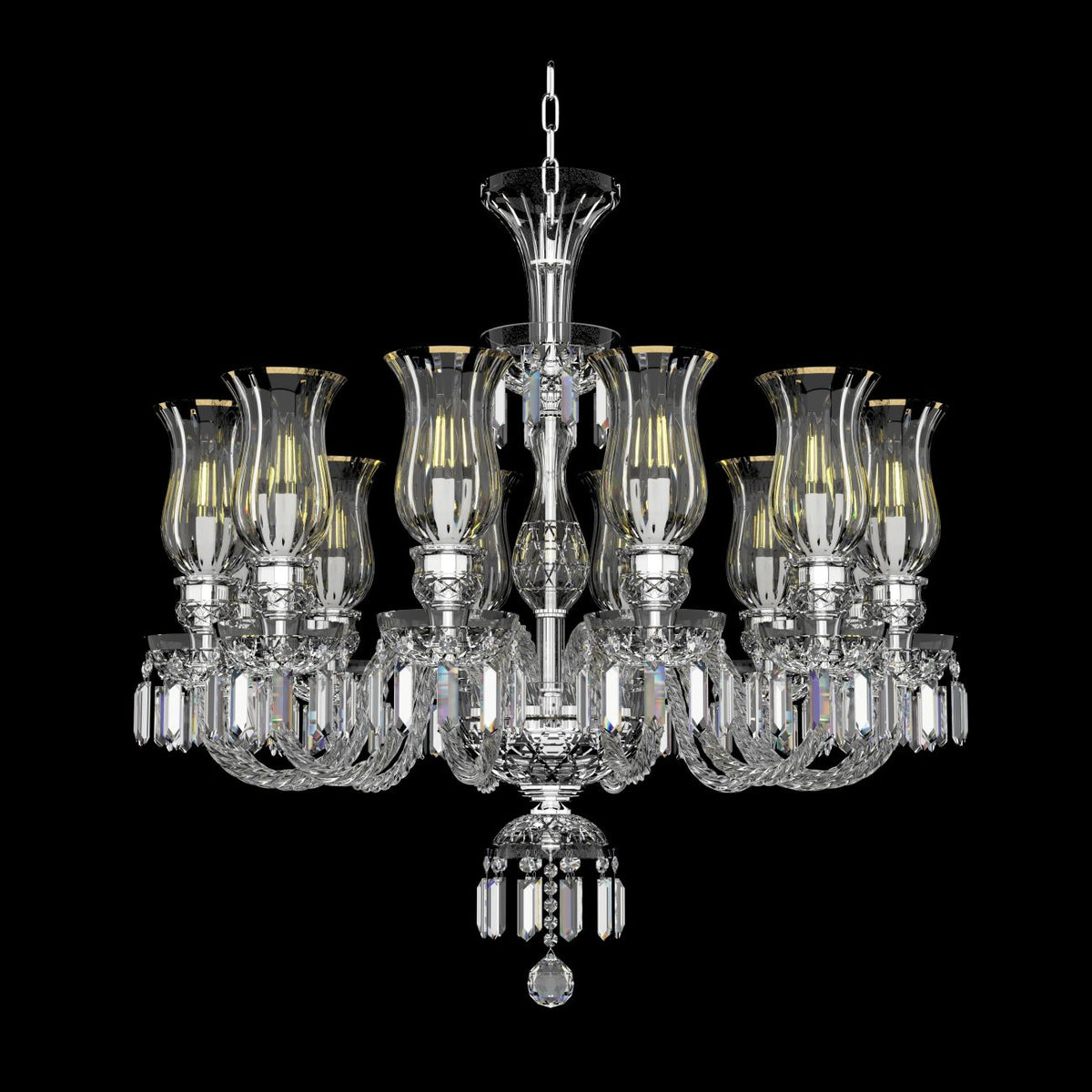 Lustre en cristal et métal doré présenté de face, détails des bras.