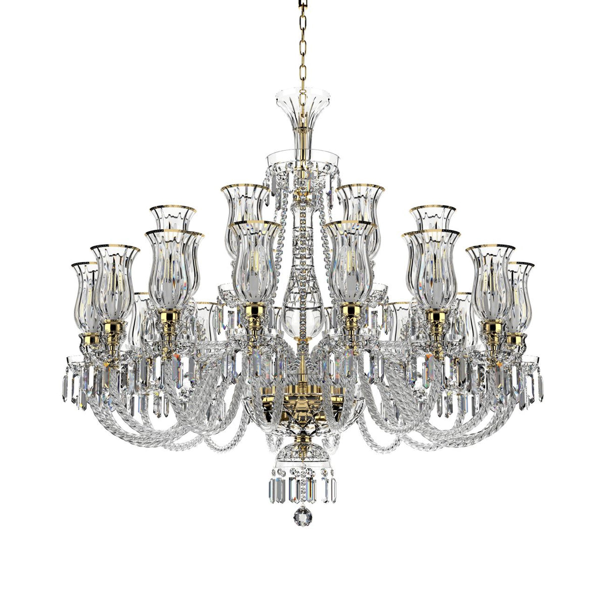 Lustre en cristal sur fond blanc, vue de face montrant chaîne et bras.
