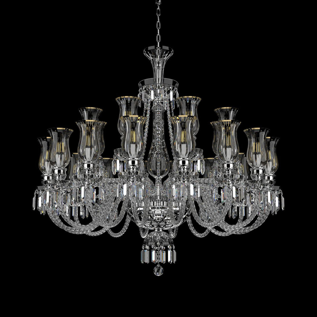 Même lustre en cristal, seconde vue de face sur fond noir, structure dorée visible.