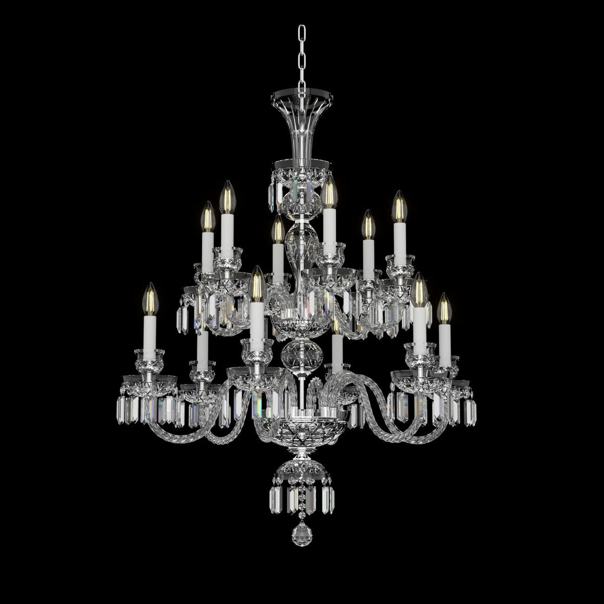 Lustre éclairé de face sur fond noir, pampilles de cristal étincelantes