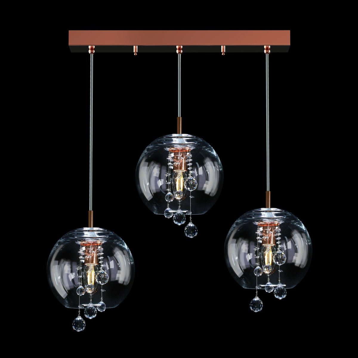 Version finition cuivrée avec ampoules allumées dans les globes en verre soufflé