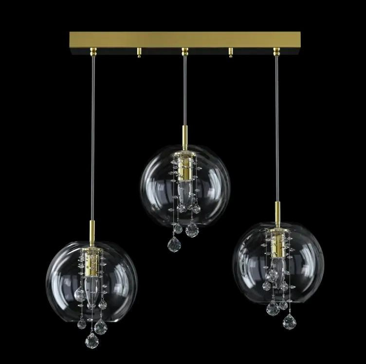 Variante laiton doré, trois sphères transparentes et pampilles de cristal suspendues