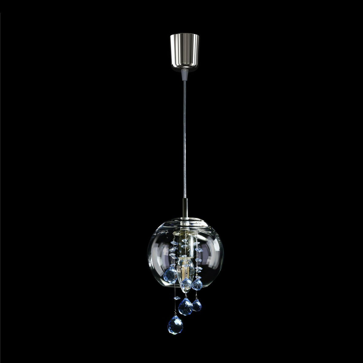 Vue d'ensemble sur fond noir, rosace et câble argentés, boule transparente.