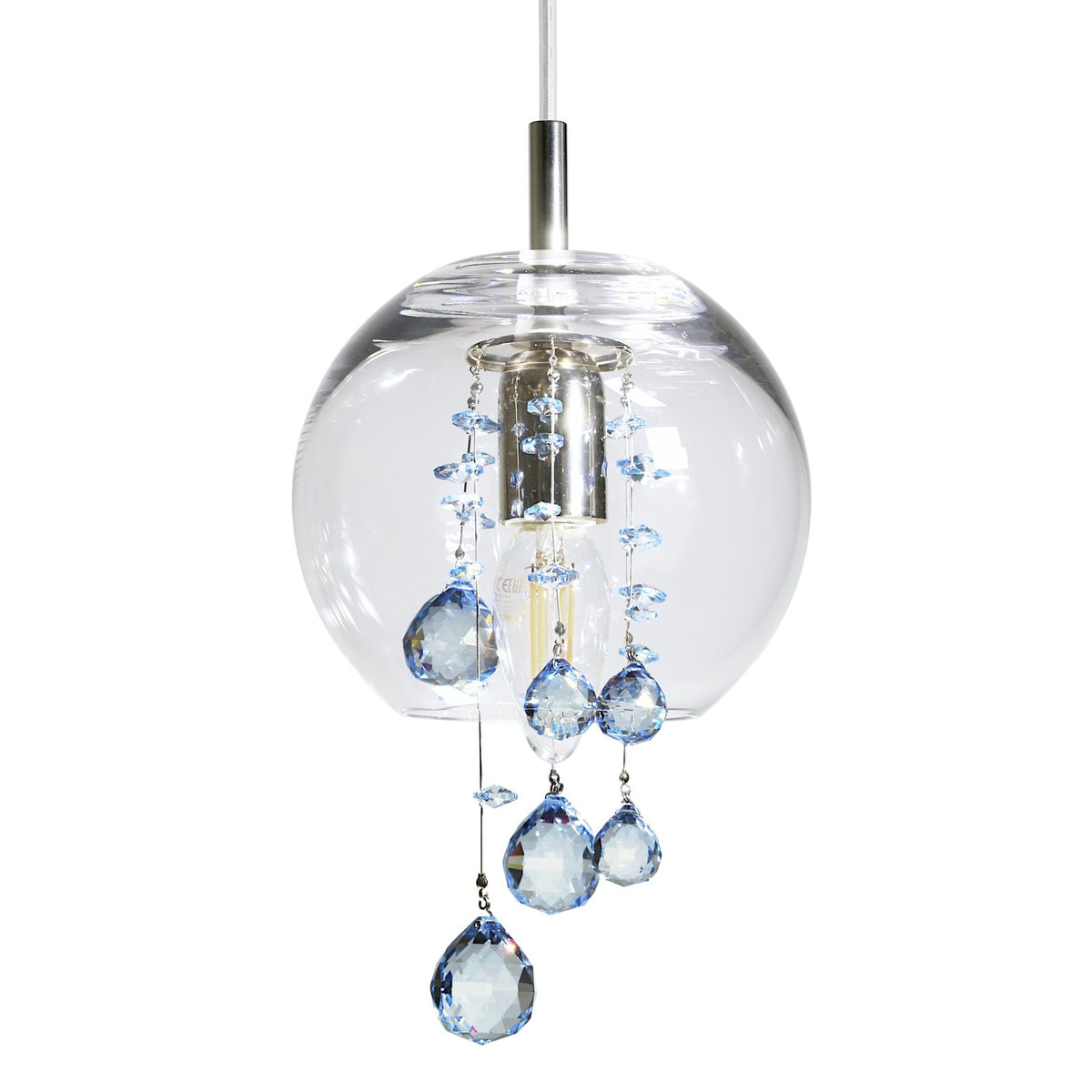 Version argentée du luminaire avec pampilles bleues et câble de suspension.