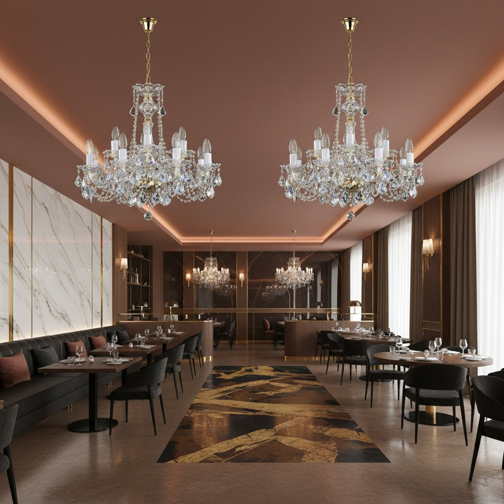 Deux lustres identiques éclairent une salle de restaurant chic aux tons bronze