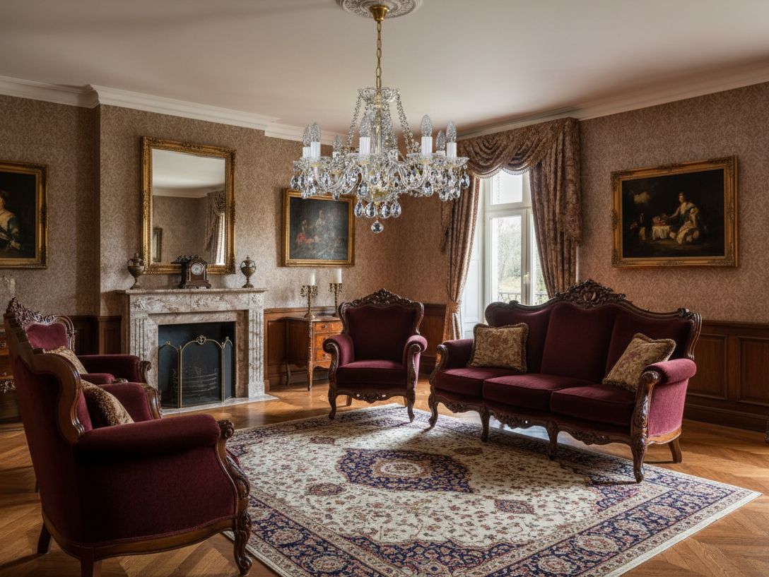 Lustre doré allumé dans un salon classique aux fauteuils bordeaux.