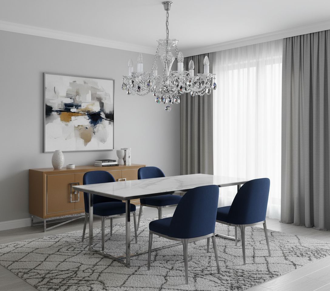 Lustre en cristal suspendu au-dessus d'une table de salle à manger aux chaises bleues