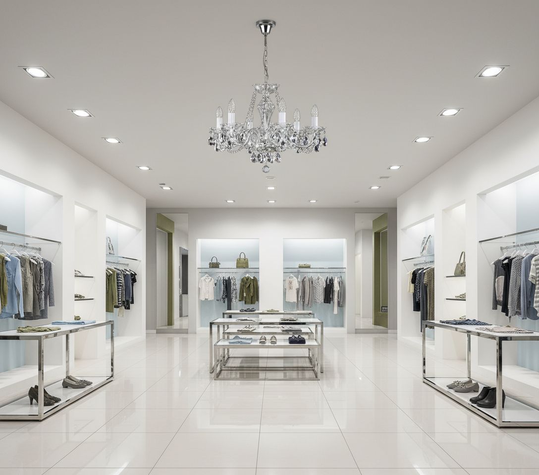 Lustre installé au plafond d'une boutique de vêtements blanche et lumineuse