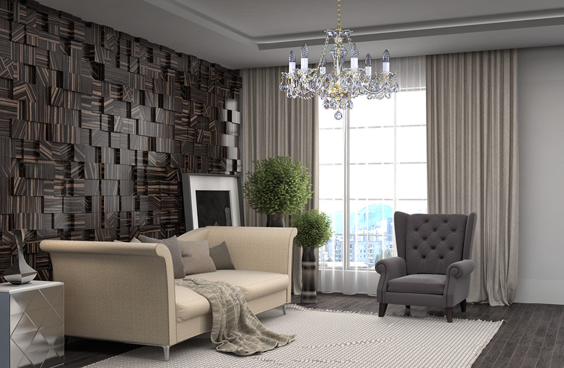 Mise en ambiance du lustre suspendu dans un salon moderne avec mur en lambris foncé