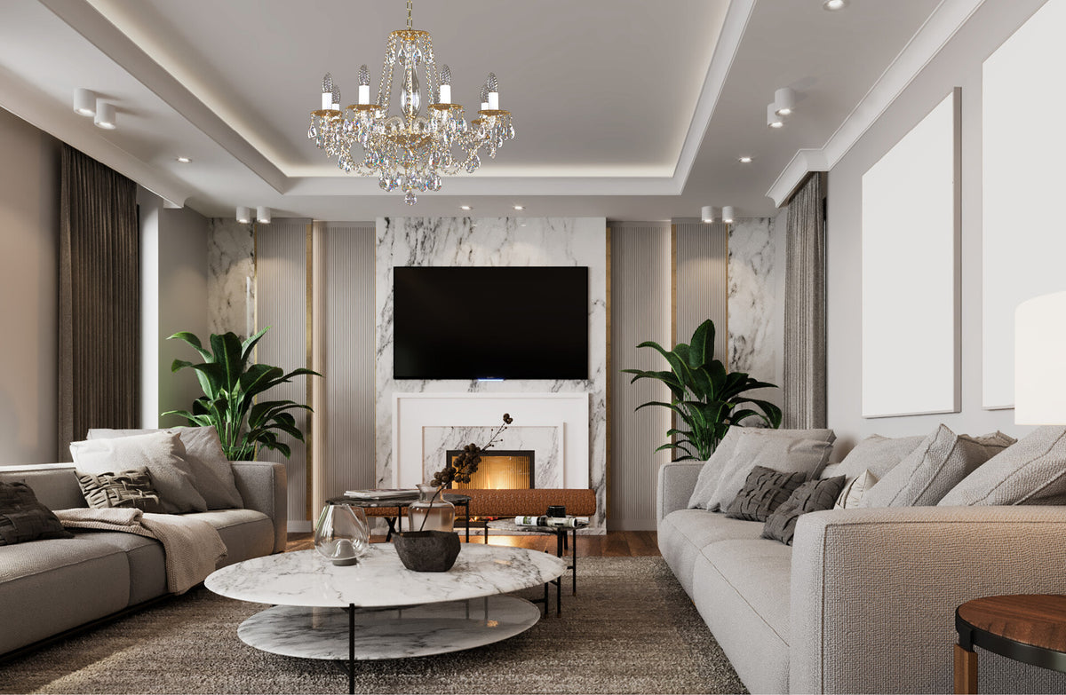 Mise en ambiance dans un salon moderne, lustre allumé au-dessus du coin salon