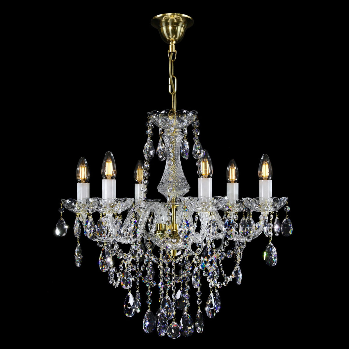 Vue d'ensemble du lustre avec chaîne et pavillon dorés, détails des pendeloques