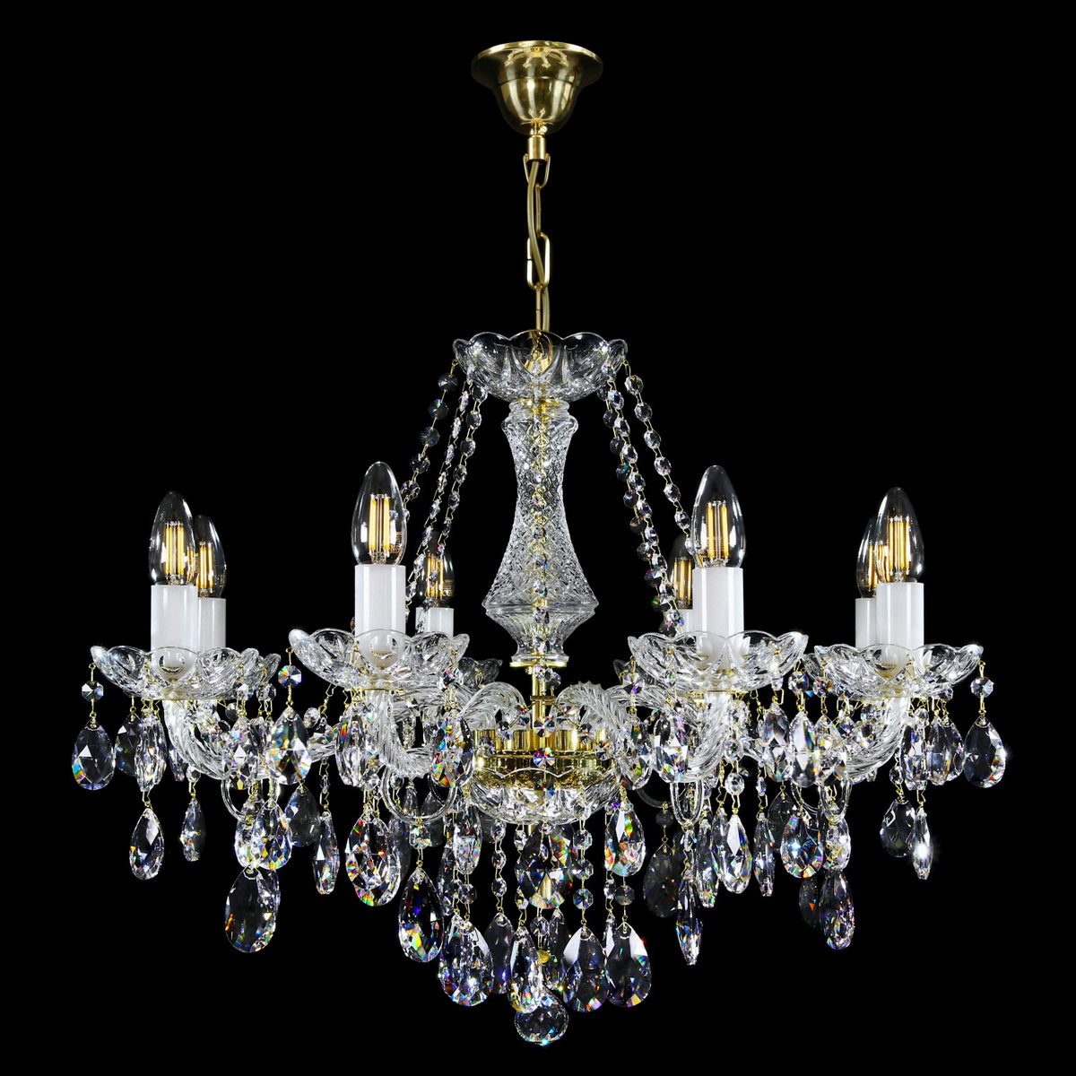 Lustre doré de face, montage complet avec chaîne et fixation plafond