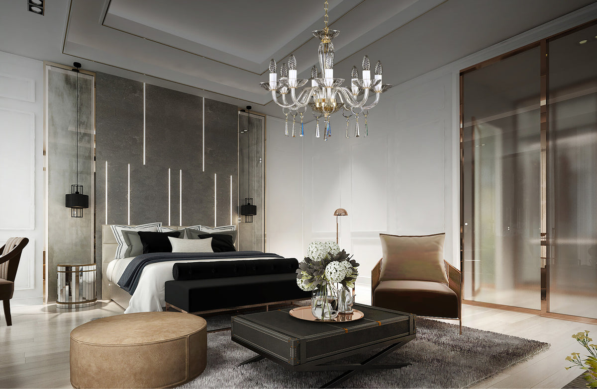 Mise en ambiance du lustre suspendu dans une chambre contemporaine grise et beige