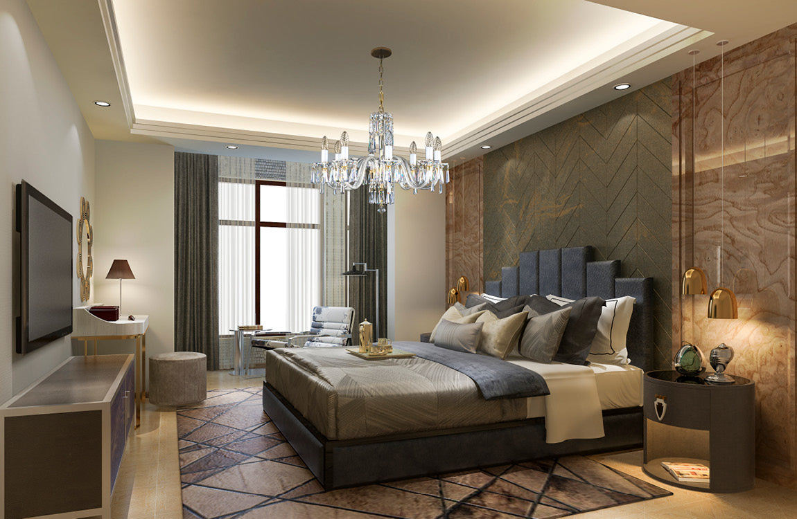Lustre suspendu au-dessus d'un lit dans une chambre aménagée