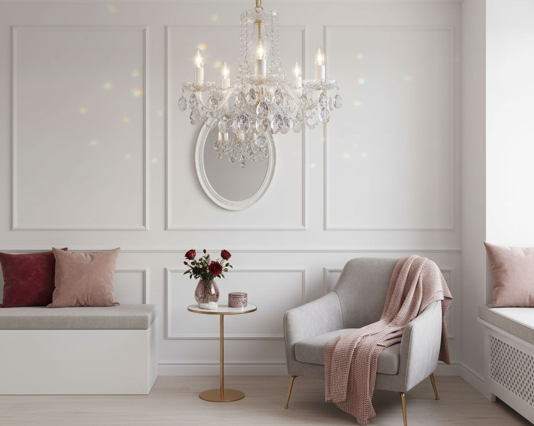 Lustre allumé au-dessus d'un coin lecture blanc, miroir ovale et fauteuil rose