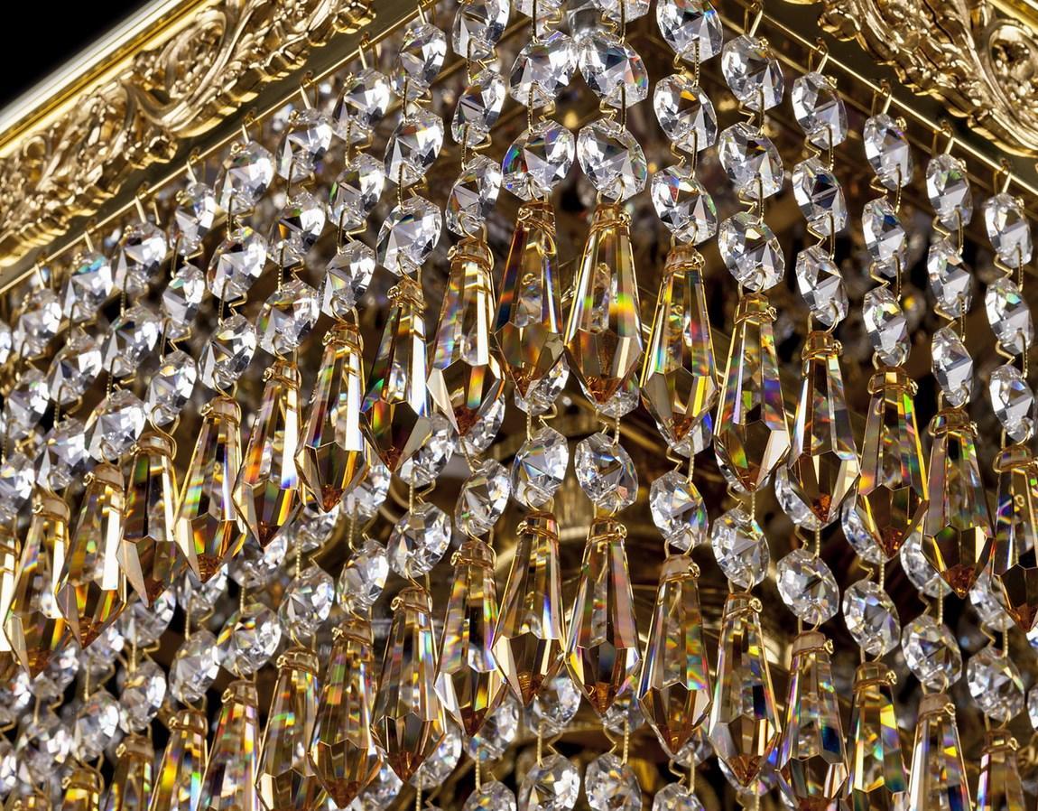 Gros plan sur les gouttes de cristal aux reflets irisés suspendues en cascade