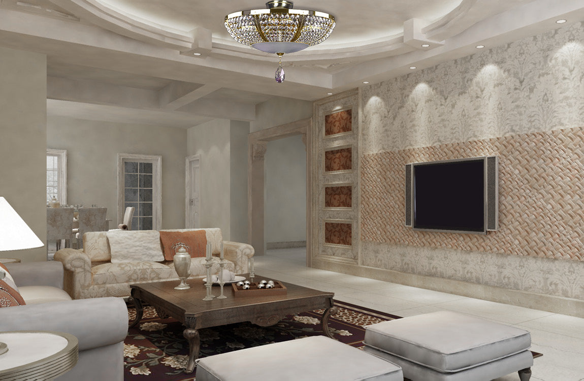 Vue en situation dans un salon classique au plafond mouluré et tapisserie