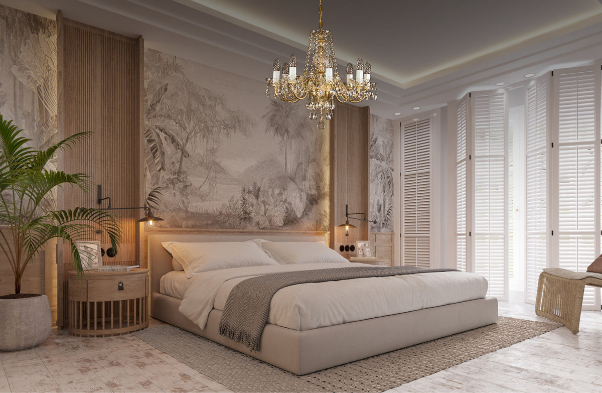Lustre suspendu au-dessus d'un lit dans une chambre à décor tropical