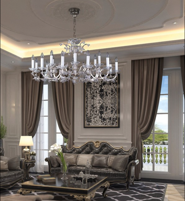 Mise en ambiance d'un salon classique avec le lustre suspendu au plafond