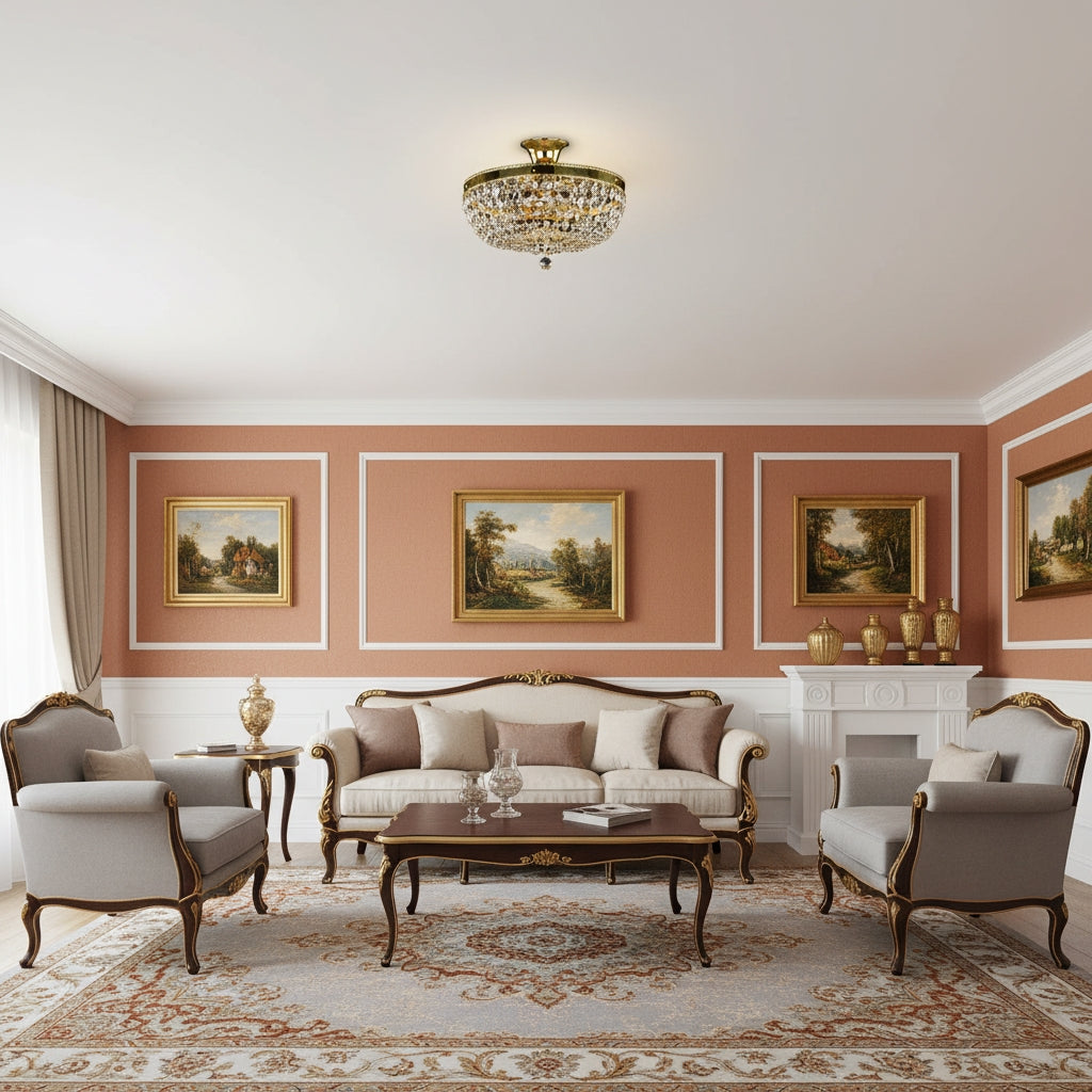 Plafonnier doré installé au plafond d'un salon classique aux murs terracotta