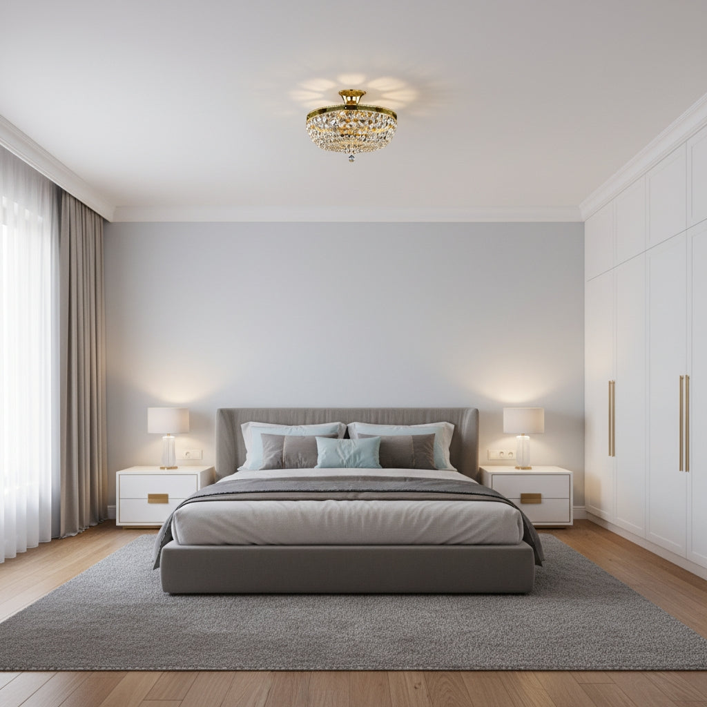 Vue frontale d'une chambre épurée, luminaire allumé diffusant une lumière chaude