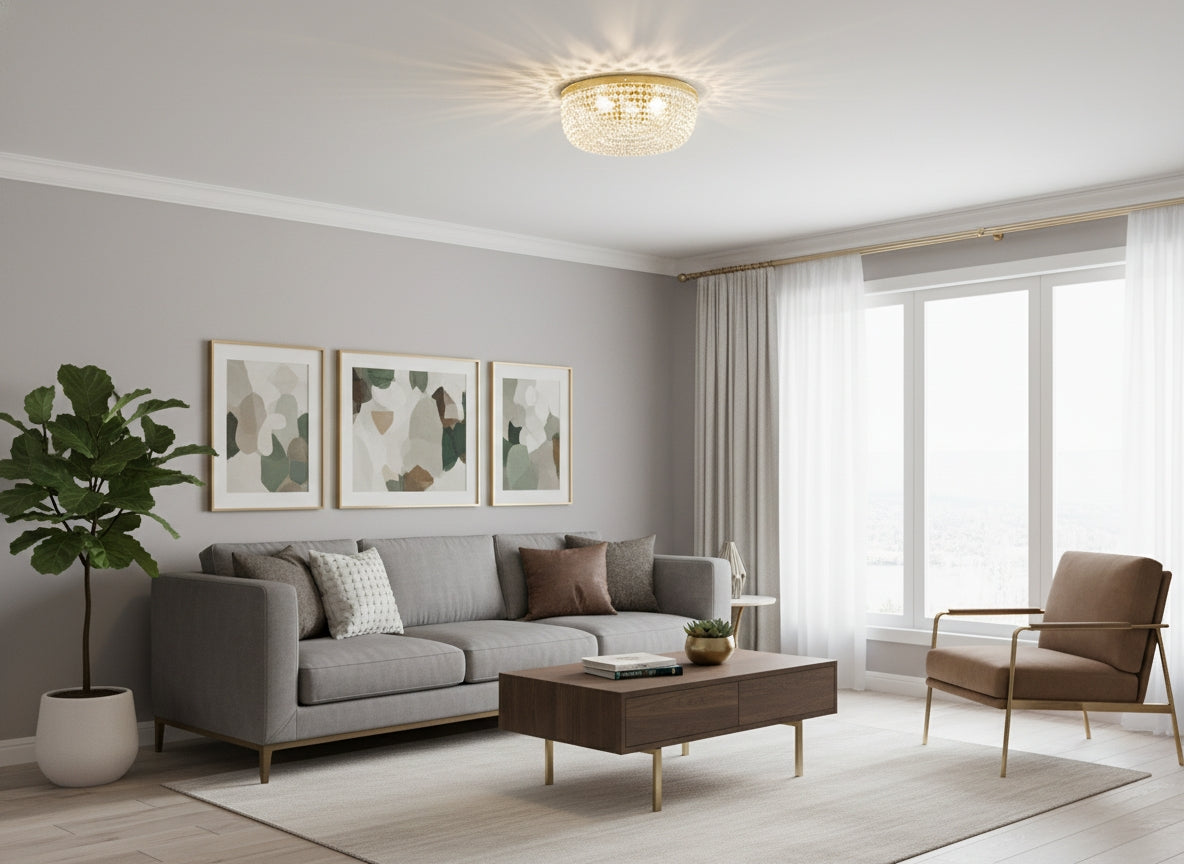 Plafonnier allumé au plafond d'un salon gris avec canapé et fauteuil